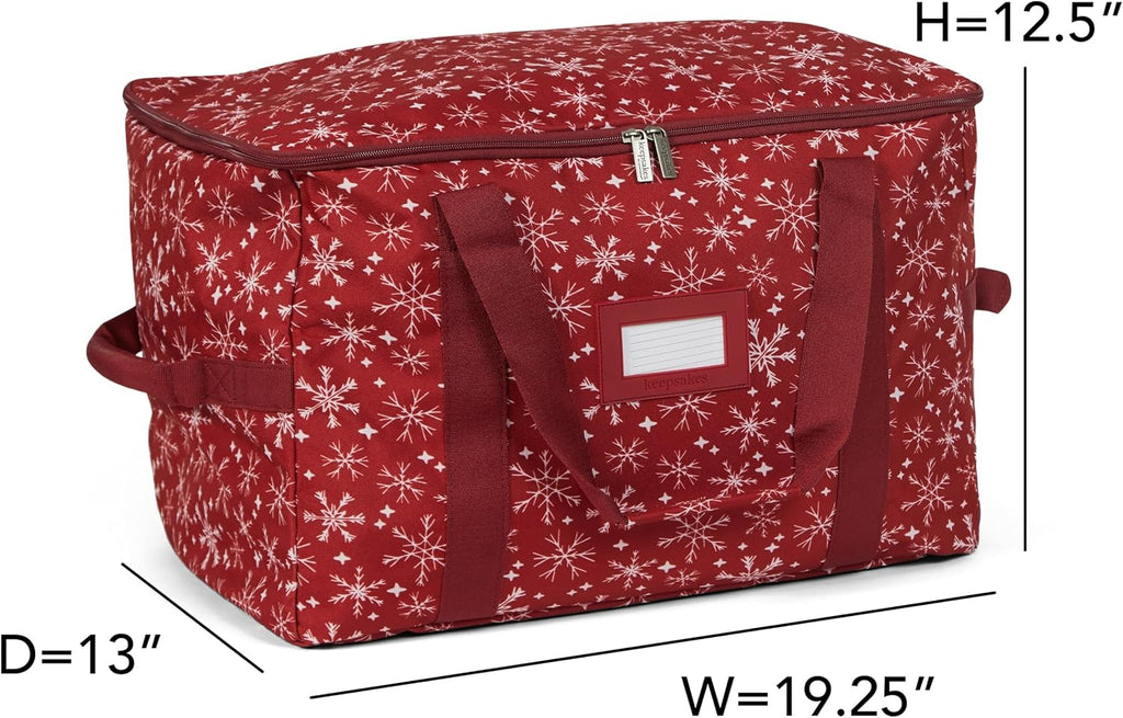Covermates Keepsakes Adjustable Ornament Storage Bag – Heavy-Duty Polyester, Padded Dividers & FlexGrid Trays – Protective Holiday Ornament Organizer with Handles & Label Window, Red Snowflake