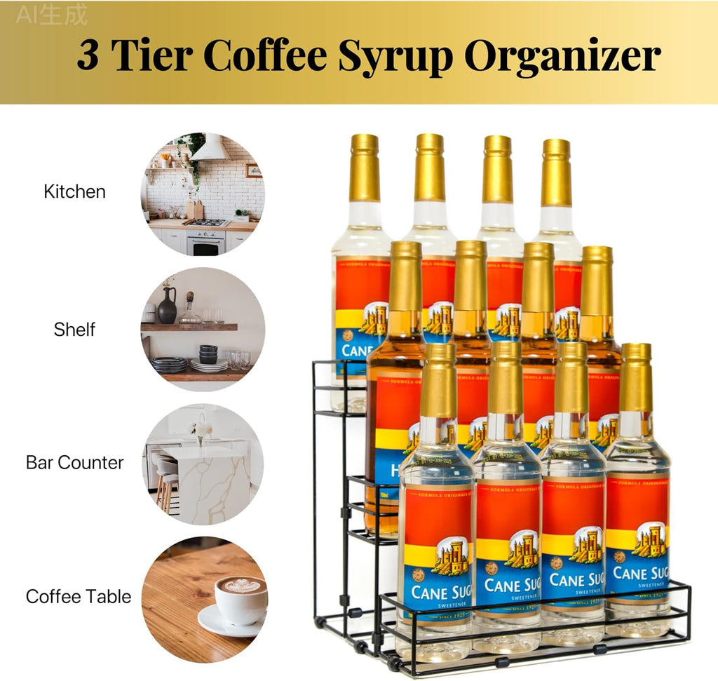 12 Bottles Coffee Syrup Rack Organizer, Coffee Syrup Stand Holder, 3 Tier Coffee Syrup Organizer for Coffee Bar Station, Wine Rack for Countertop, Bottle Display Shelf for Cocktail, Dressing