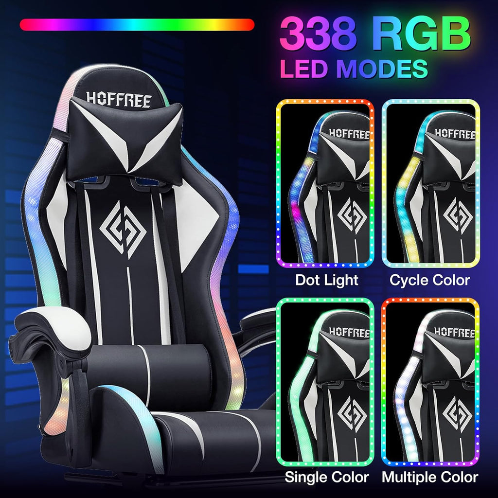 HOFFREE RGB Gaming Chair with Speakers Massage Computer Gaming Chair with LED Lights and Footrest High Back Video Game Chair for Adults White and Black