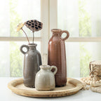 Ceramic Vases Set of 3, Neutral Rustic Farmhouse Vase with Handle, Decorative Flower Vases Home Decor Modern Boho Pampass Vase for Table Mantel Entryway Shelf Living Room Kitchen Bathroom - Brown