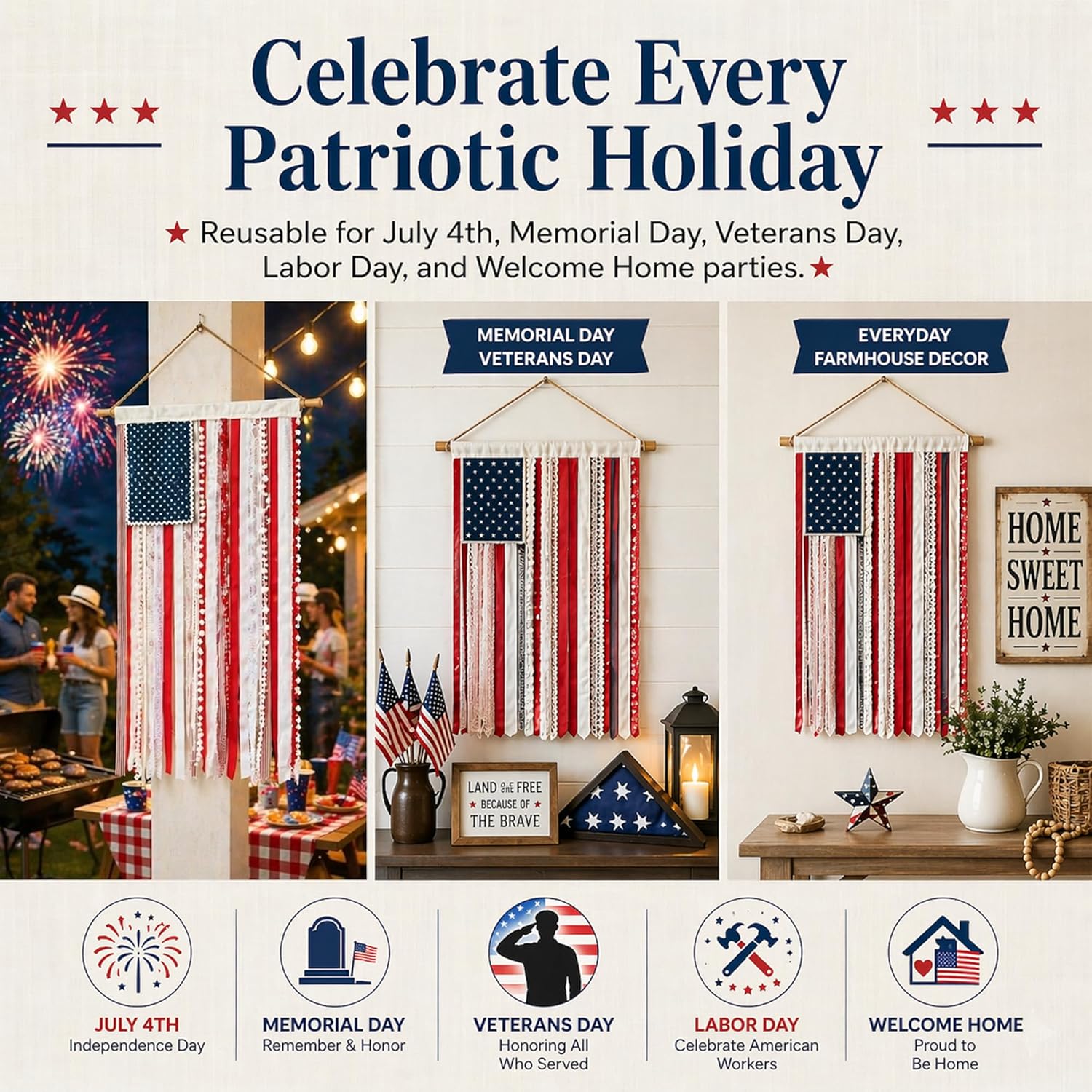 Lighted Rag American Flag Banner 4 x 2.3 Ft, Rag American Flag Banner for Home Party Supplies, Patriotic Wall Hanging for Memorial Day, Independence Day Party, Farmhouse Home Decor (Style2)