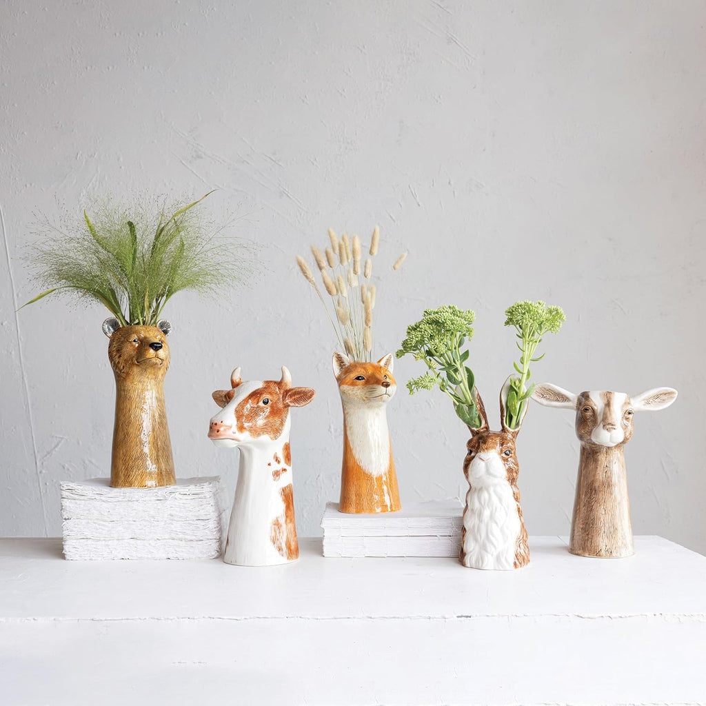 Creative Co-Op Hand-Painted Decorative Stoneware Rabbit Vase, Brown and White