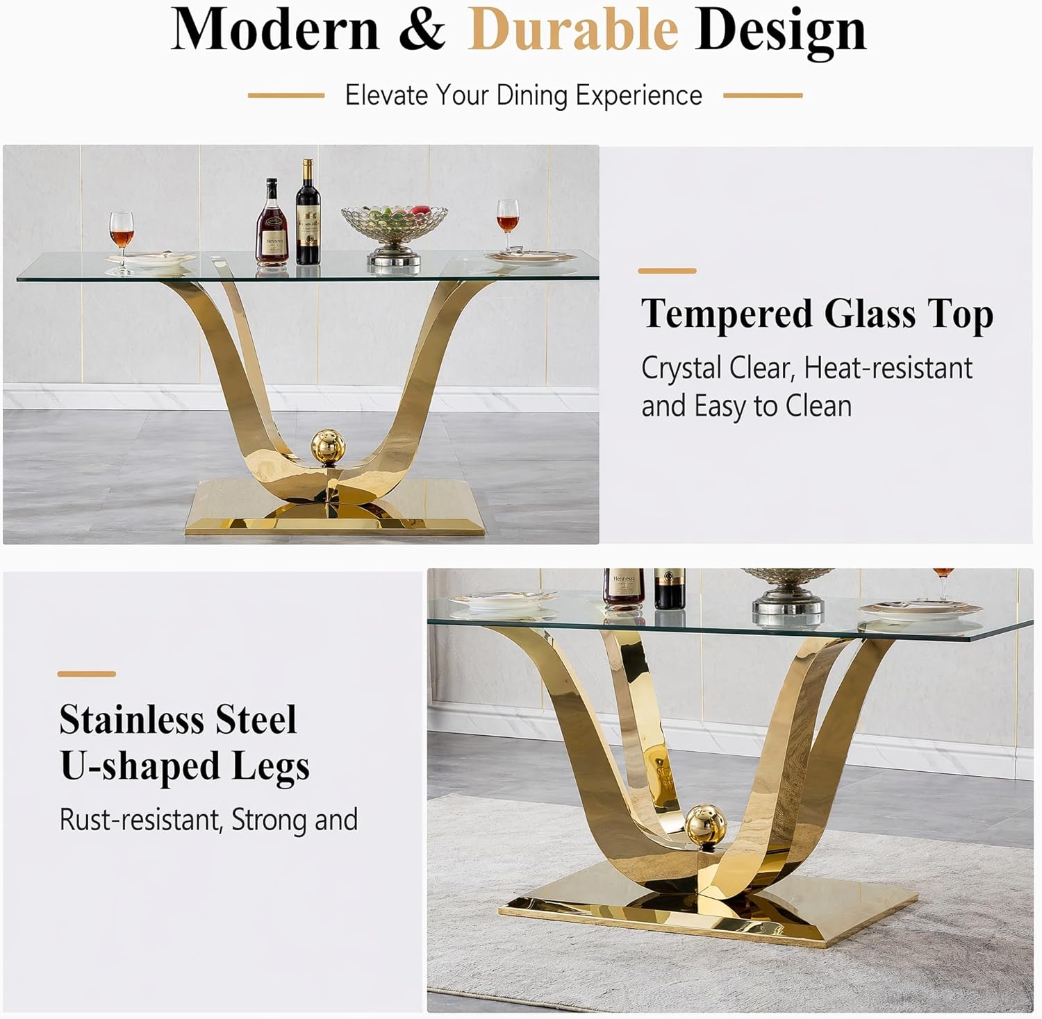 HomVent 70'' Glass Dining Table Set for 6, Modern Rectangle Glass Kitchen Table Set for 6, Kitchen Table and Chairs Set for 6 for Living Room,Kitchen