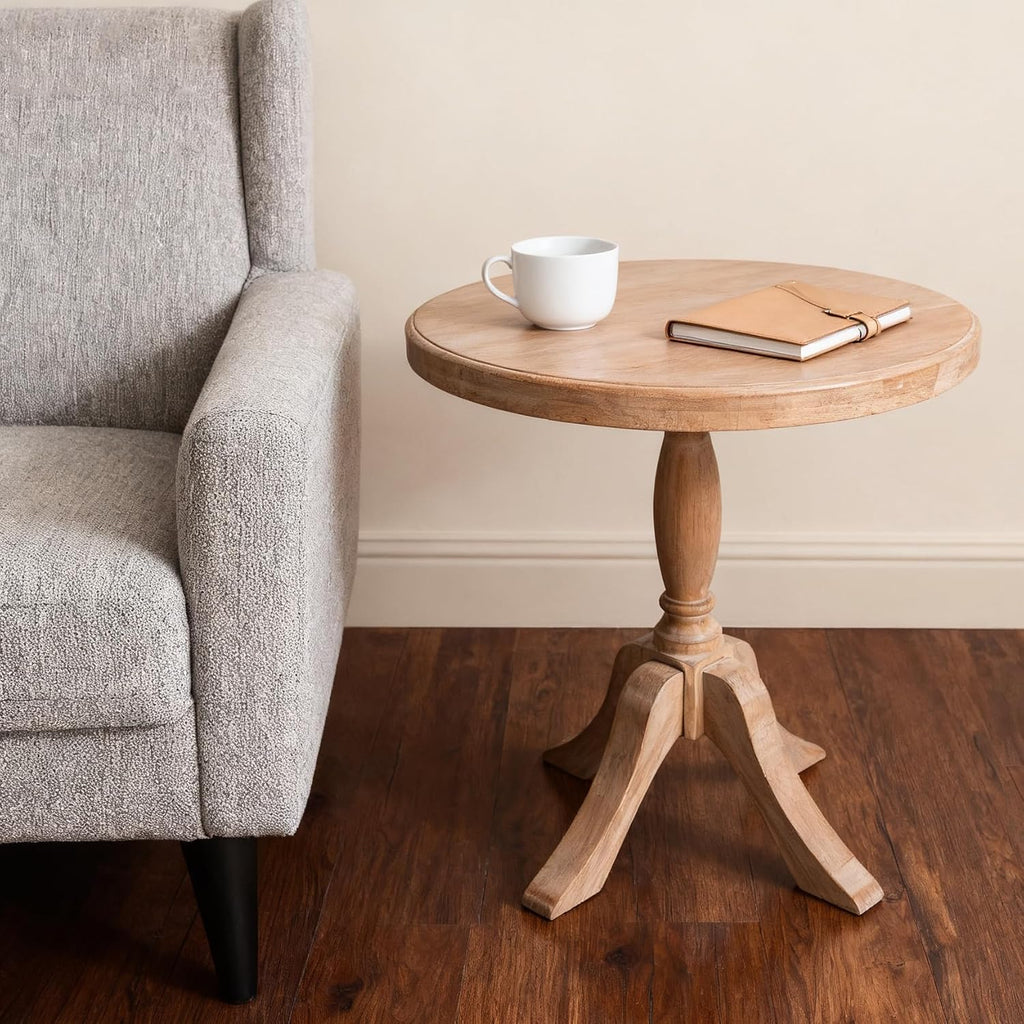 23.6'' Round Wooden End Table, Wooden Pedestal Side Coffee Tables, for Living Room, Bedroom, Entryway, Equipped with Two Stands, Available in Two Heights: 24.4'' and 28.4'', Natual
