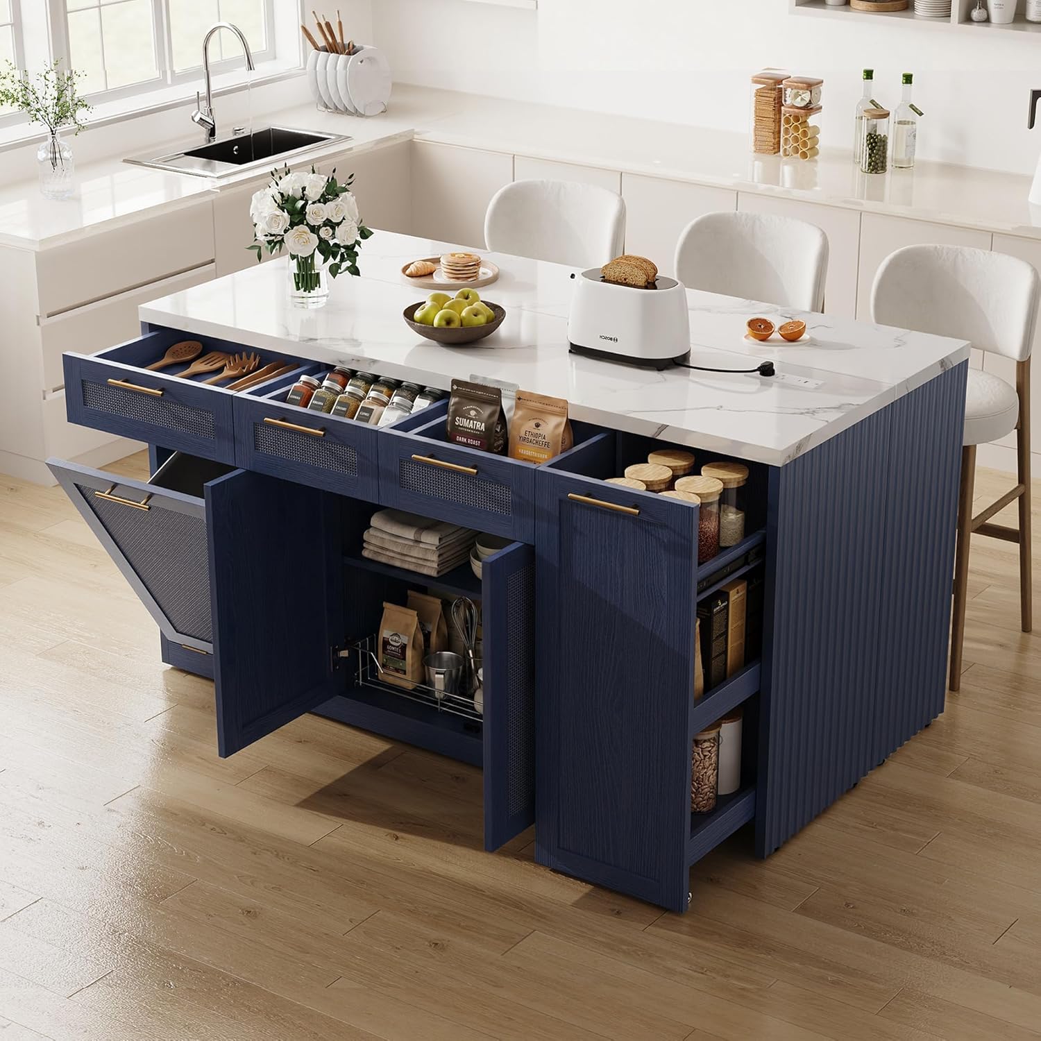 LIKIMIO 59" Kitchen Island with Power Outlet & Hidden Trash can Storage, Faux Marble Island Table with Seating Area, 3-Tier Spice Rack, 3 Drawers, 2-Tier Cabinet, Rolling Kitchen Cart on Wheels, Blue