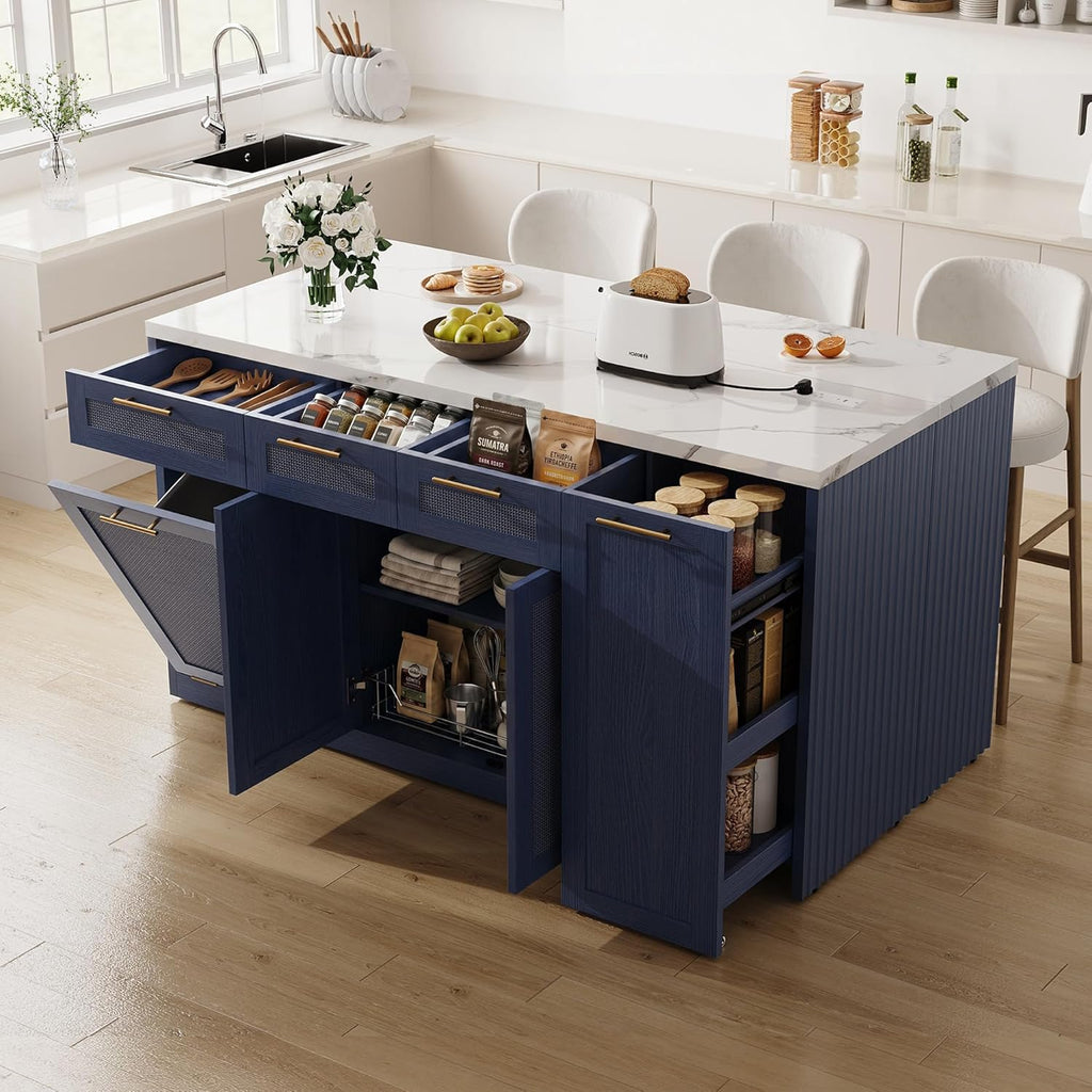 LIKIMIO 59" Kitchen Island with Power Outlet & Hidden Trash can Storage, Faux Marble Island Table with Seating Area, 3-Tier Spice Rack, 3 Drawers, 2-Tier Cabinet, Rolling Kitchen Cart on Wheels, Blue