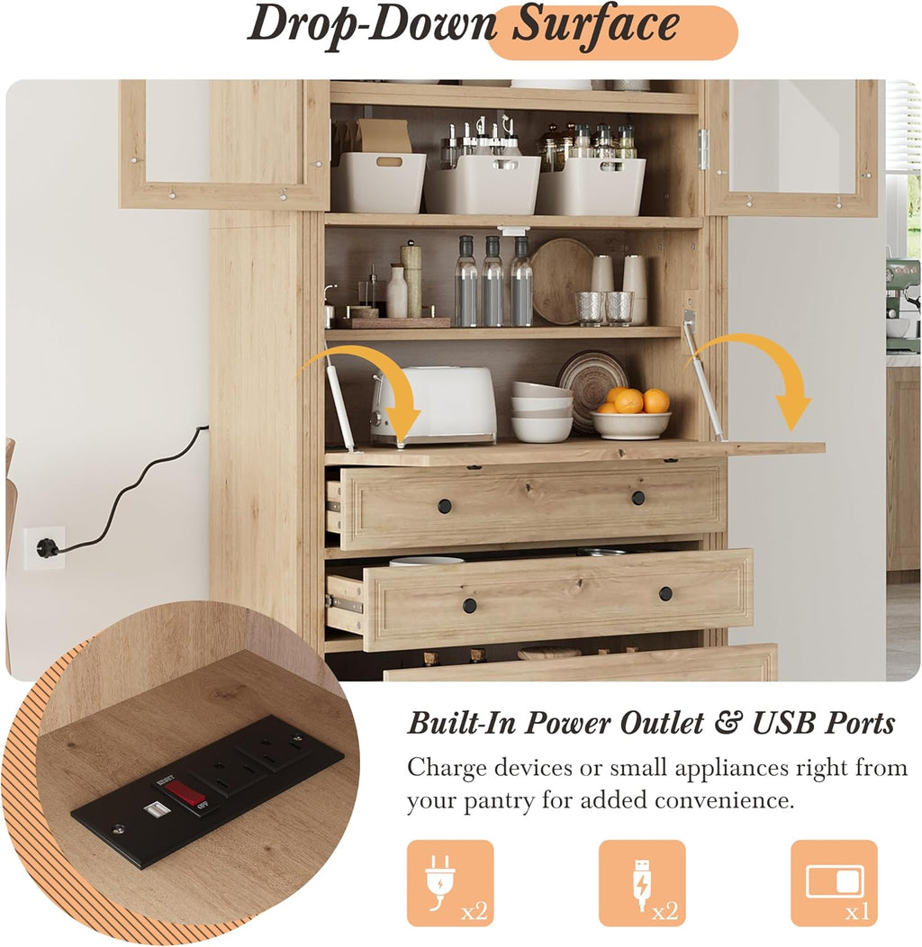 Merax 78" Pantry Cabinet with Charging Station, Farmhouse Kitchen Pantry Cabinet with Microwave Stand, Versatile Storage Cabinet for Kitchen, Dining Room, Natrual
