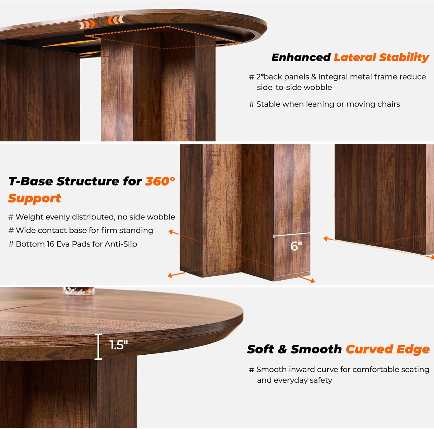 OKD 63 Inch Modern Wood Oval Dining Table for 4-6, Dining Room Table with Stable T-Shaped Base & Metal Frame & Thick Tabletop, Sturdy Kitchen Table for Dinner Room, Kitchen, Rustic Walnut