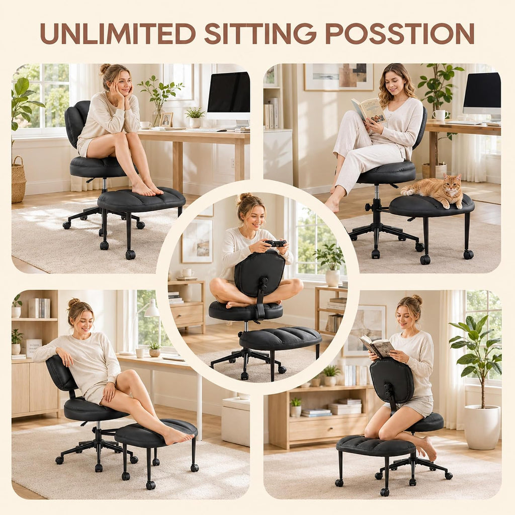 IPKIG Ergonomic Cross Legged Office Chair with Wheels, 360° Swivel Criss Cross Chair with Adjustable Footrest and Backrest for ADHD, Meditation, Yoga, PU Leather, Black