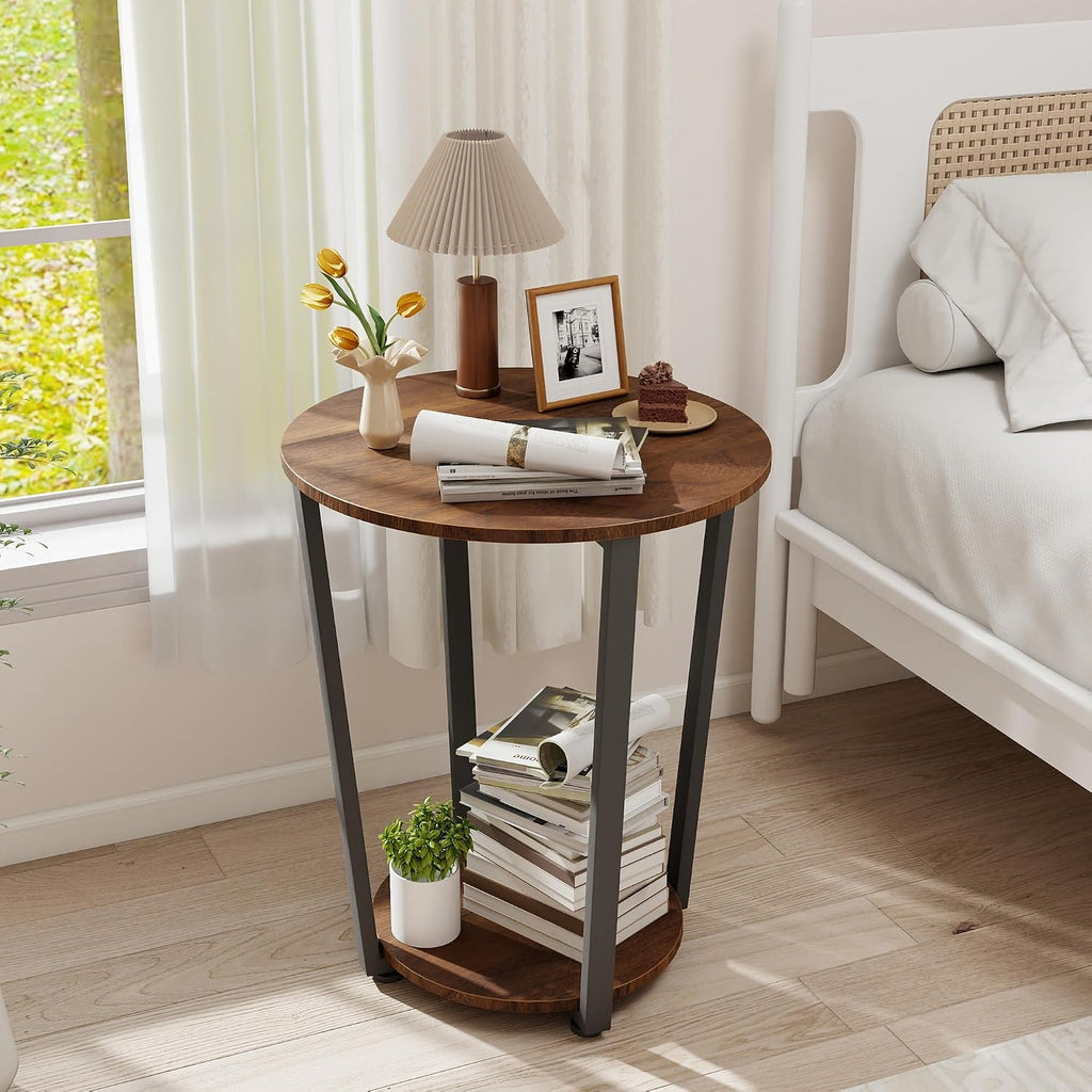 KROFEM Round 2-Tier Accent Side Table, Industrial Metal Frame End Table with Storage Shelf, Multifunctional Nightstand for Living Room, Bedroom and Small Spaces, Walnut