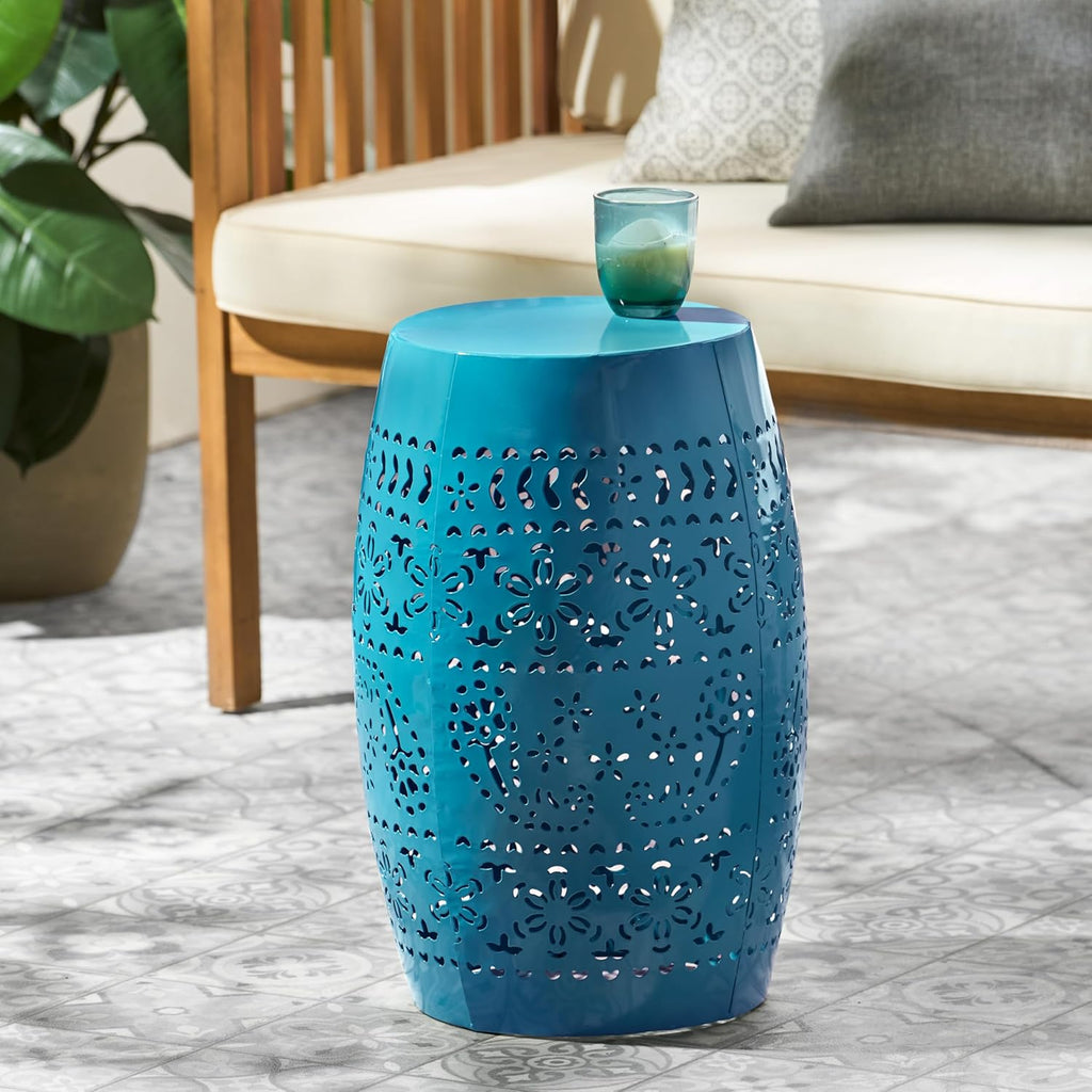 12.25" Side Table, Lace Cut Metal End Table for Outdoor & Indoor Use, Barrel Shape Accent Table for Garden, Patio, Living Room, Backyard Decor,No Assembly Needed,Blue