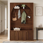 LUMISOL 77" Entryway Hall Tree with Bench and Coat Rack, Hall Tree Bench with Shoe Storage, 4 Hooks, Shelf, Wooden Style Coat Rack for Living Room, Mudroom, Arched Design, Walnut