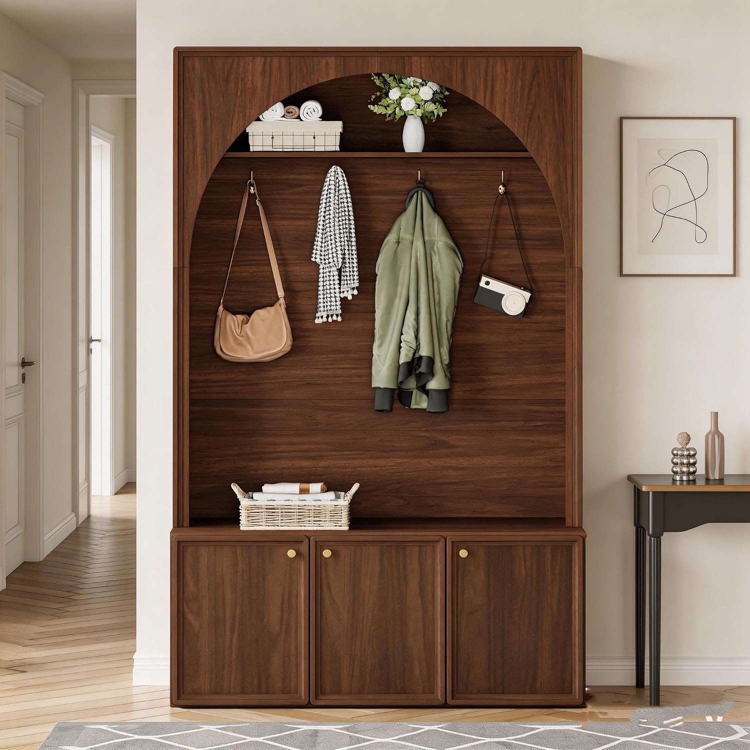 LUMISOL 77" Entryway Hall Tree with Bench and Coat Rack, Hall Tree Bench with Shoe Storage, 4 Hooks, Shelf, Wooden Style Coat Rack for Living Room, Mudroom, Arched Design, Walnut
