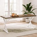70.8 Inch Rectangular Dining Table for 6-8 People, Farmhouse Kitchen Table with Metal Base & Solid Wood Top, Easy Assembly, Water-Resistant, for Dining Room & Kitchen, Natural & White