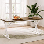 70.8 Inch Rectangular Dining Table for 6-8 People, Farmhouse Kitchen Table with Metal Base & Solid Wood Top, Easy Assembly, Water-Resistant, for Dining Room & Kitchen, Natural & White