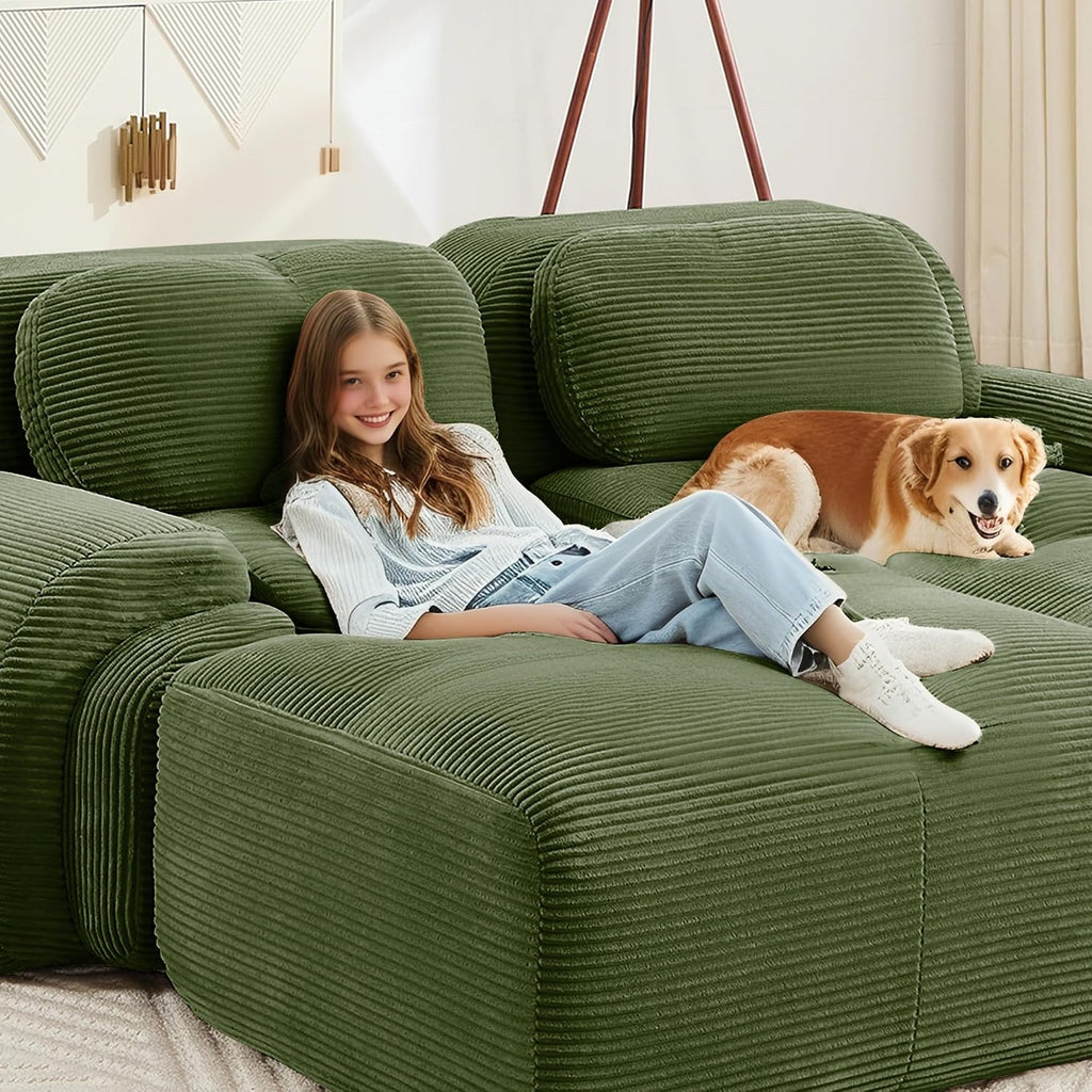 SoarFlash 81” Sectional Cloud Boneless Sofa Couches for Living Room-2 Seater L-Shaped Modern Lounge Couch-No Assembly Modular Corduroy Convertible Sponge Sleeper Sofas with Chaise for Home House,Green