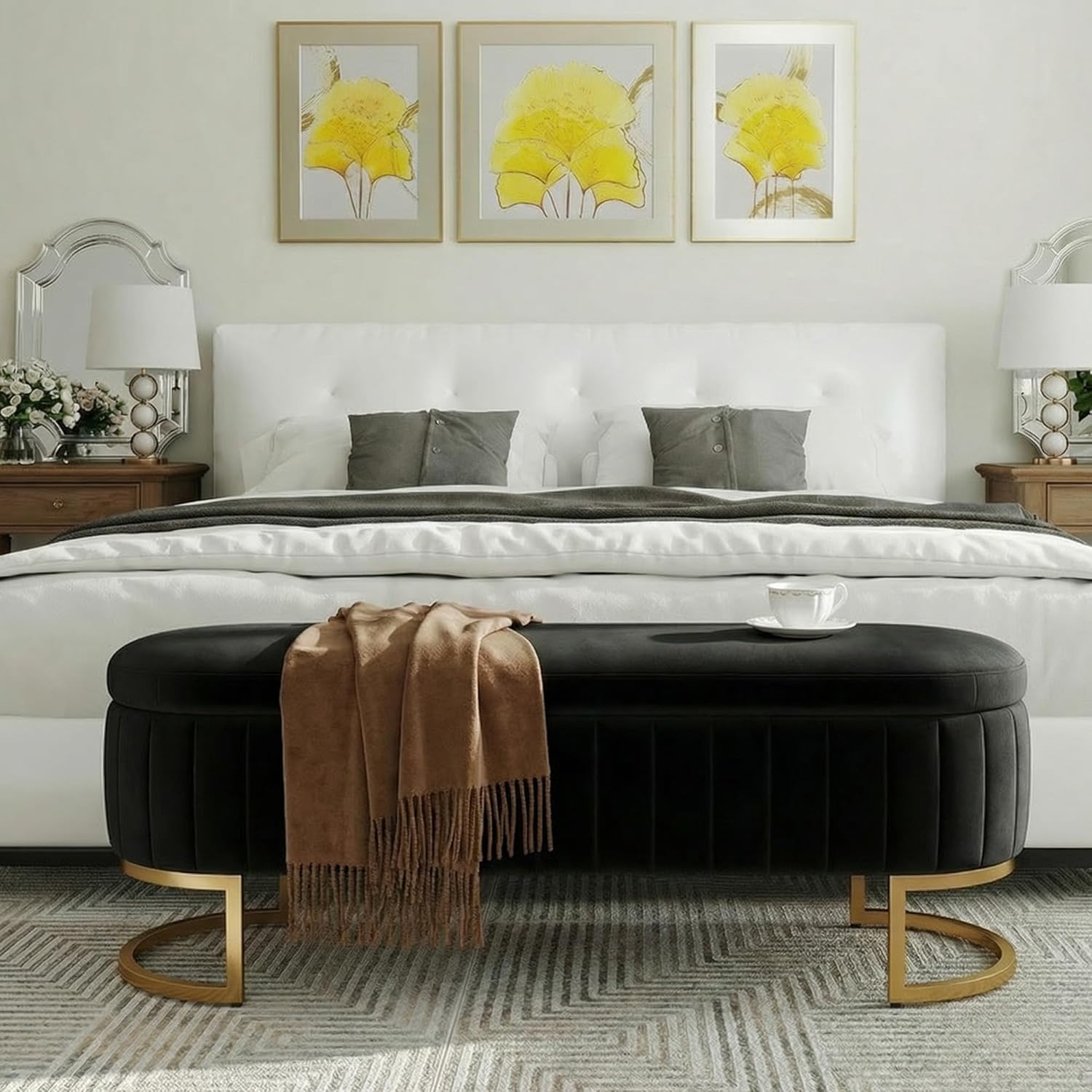 51 Inch Storage Ottoman Bench Velvet End of Bed Storage Bench King Size Upholstered Tufted Bench Large Space for Bedroom Living Room Entryway Black