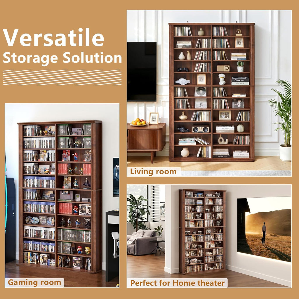 LEVNARY 71" Media Storage Tower, 22-Compartment Multimedia Cabinet with Adjustable Shelves, Fluted Grooved Sides, Anti-Tip Kit, for Movies, Games and Books (Walnut)