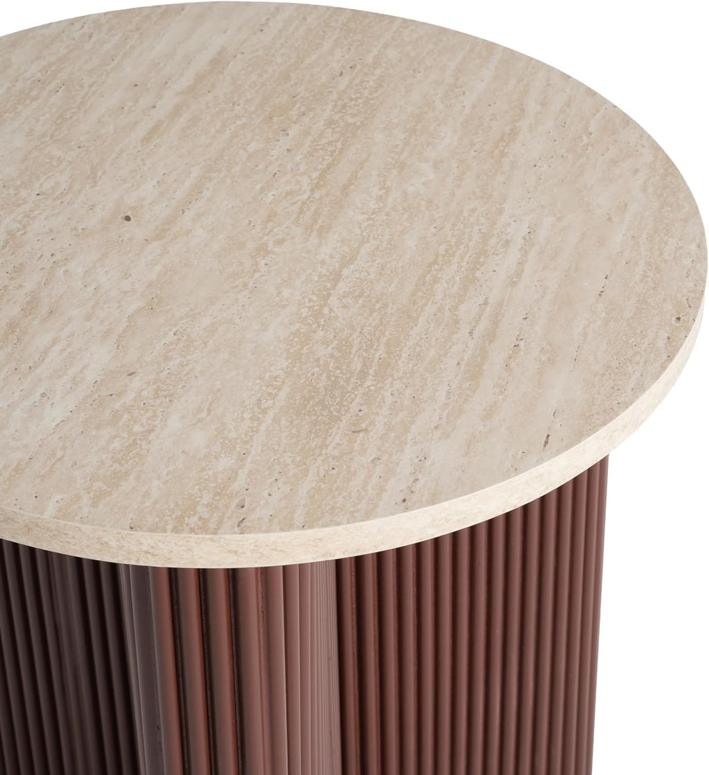 Merax Modern Round Side Table with Faux Marble Top & Brown Ribbed Base - Compact Round Coffee Table with Wooden Fluted Legs - 17.8" Accent End Table for Living Room & Bedroom, Brown
