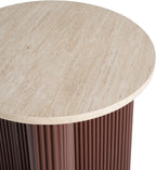 Merax Modern Round Side Table with Faux Marble Top & Brown Ribbed Base - Compact Round Coffee Table with Wooden Fluted Legs - 17.8" Accent End Table for Living Room & Bedroom, Brown