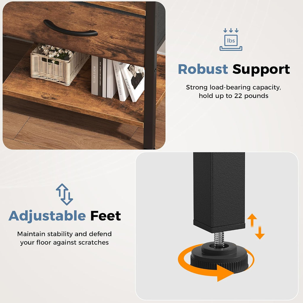 OLIXIS Nightstand with Charging Station, Beside Table with Fabric Drawer | 3-Tier End Table with 2 Storage Shelves,Night Stand with USB Ports and Outlets for Bedroom, Rustic Brown
