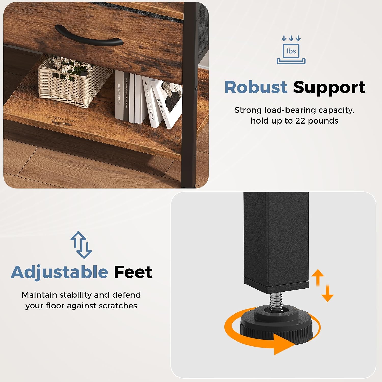OLIXIS Nightstand with Charging Station, Beside Table with Fabric Drawer | 3-Tier End Table with 2 Storage Shelves,Night Stand with USB Ports and Outlets for Bedroom, Rustic Brown