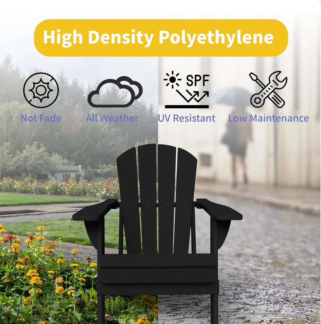Kingdura Foldable Adirondack Chair, Portable HDPE All Weather Resistant Outdoor Patio Chair, Wooden Textured with Cup Holder, 380LBS Capacity for Poolside, Backyard, Deck, Fire Pit (Black)