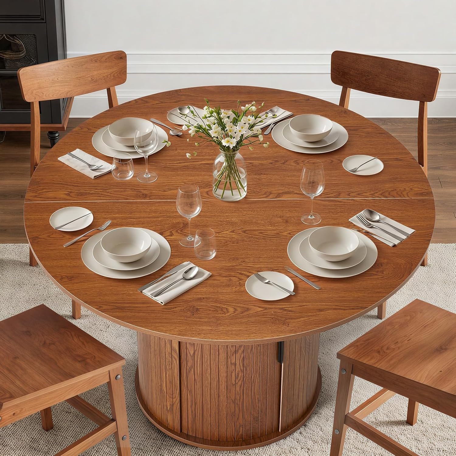 AVAWING 47-inch Round Dining Table for 4-6, Circle Fluted Kitchen Table with 2-Layer Storage Shelf and Wood Slide Door, Mid-Century Modern Fluted Design Wooden Dining Desk for Dining Room, Brown