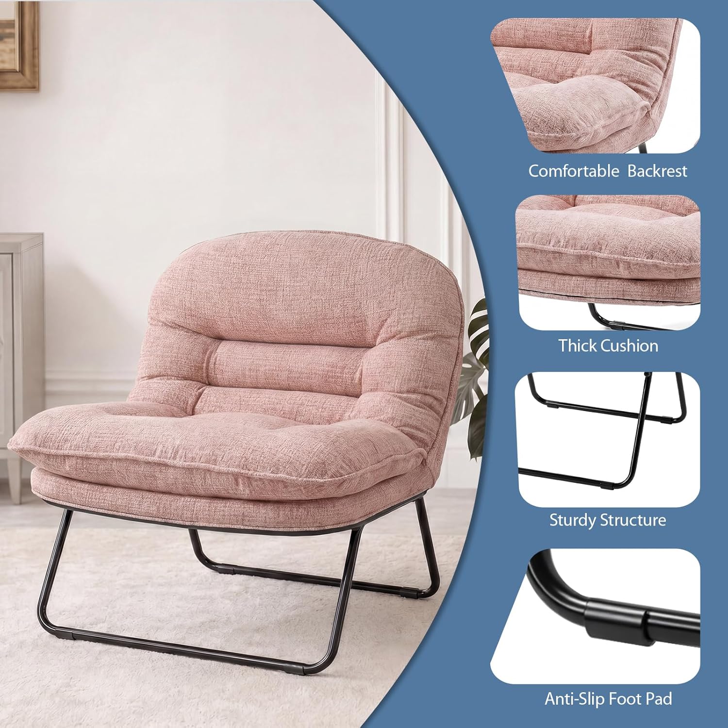 DUMOS Comfy Saucer Chair,Fabric Foldable Chairs for Bedroom, Living Room, Dorm & Gaming, Small Foldable Fashion Floor Chair with Back Support for Small Spaces Adults, Dark Pink