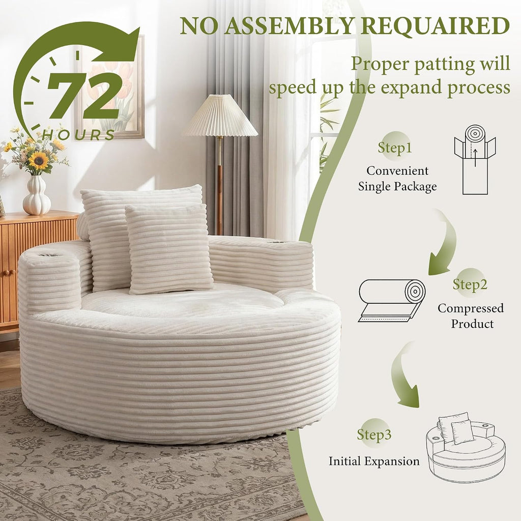 55.5" Oversized Round Chaise Lounge Chair Indoor with Stainless Steel Cup Holders, Modern Upholstered Corduroy Cloud Boneless Chair, Deep Seat Circle Floor Sofa for Living Room, No Assembly
