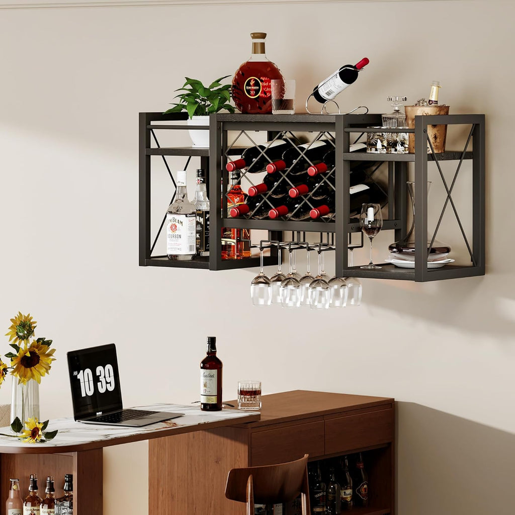 Wall Mounted Wine Rack with Glass Holder, Wood-Metal Retro Bar Shelf, Wine Bottles Display Wall Storage for Kitchen Dining Room Home Bar, Black