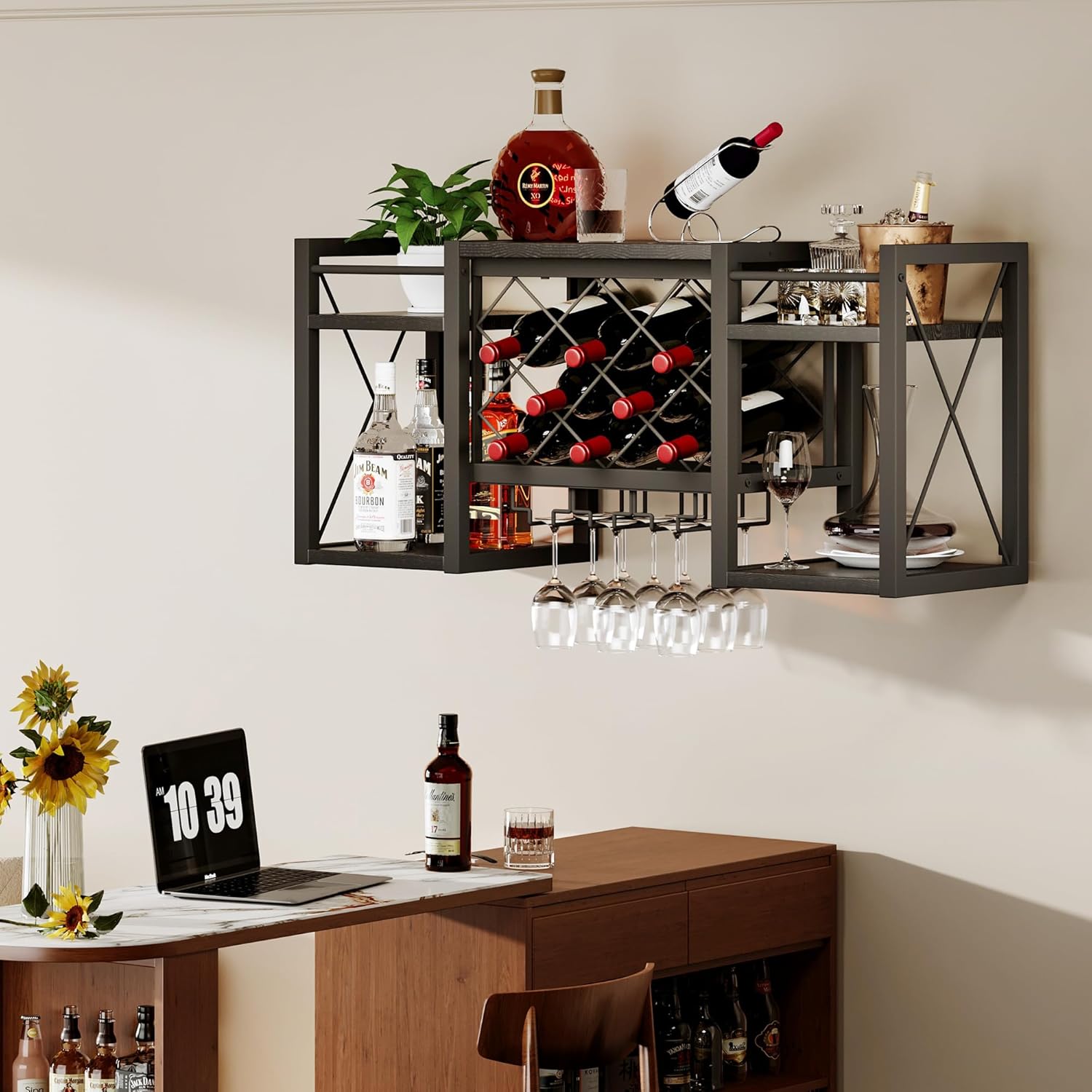 Wall Mounted Wine Rack with Glass Holder, Wood-Metal Retro Bar Shelf, Wine Bottles Display Wall Storage for Kitchen Dining Room Home Bar, Black