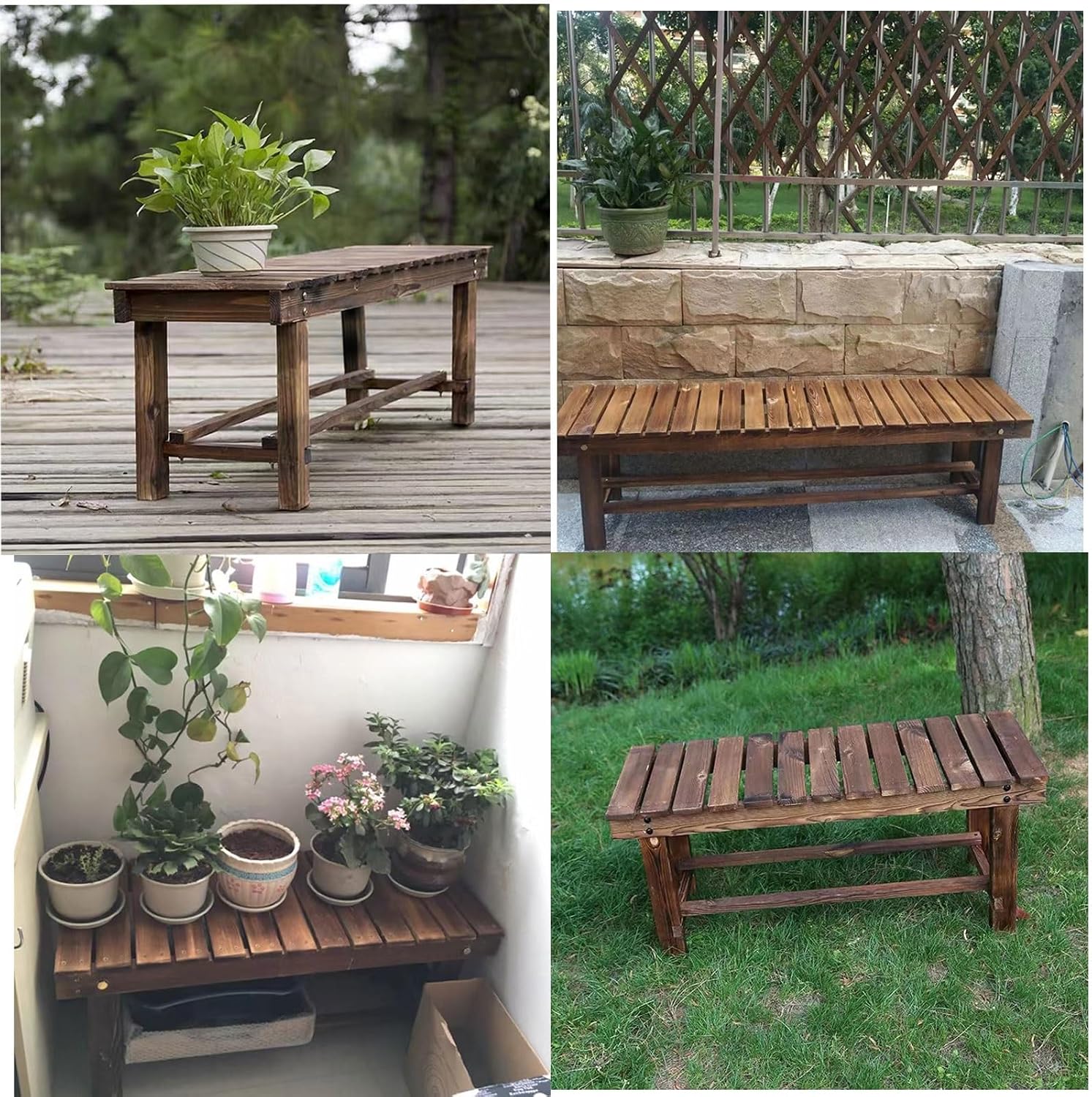 DRemdo Wooden Garden Benches, Tree Benches, 35"，47"，59" Double Wooden Benches, Brown Wooden Benches, Wooden Tables with Flat Noodles seat(90 * 40 * 35cm)