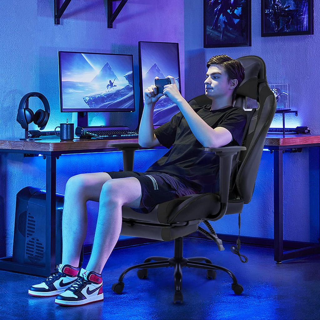 Gaming Desk Chair - High Back Computer Ergonomic Massage PC Racing Chair With Waist Support, Retractable Foot Pedal, PU Leather Recliner, Rolling Adjustable Swivel for Women Men