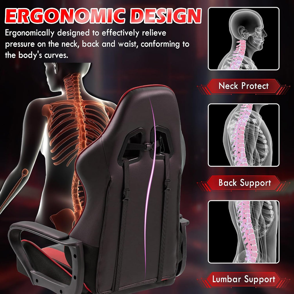 ECOTOUGE Gaming Chair, Ergonomic Computer Gamer Chair with Massage Lumbar Support & Rocking High Back, 360° Swivel Video Game Chair for Gaming or Office, Height Adjustable (Red)