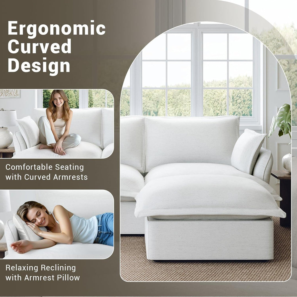 114” Cloud Sectional Couch, Comfy Down Filled Modular Sectional Sofa with Washable Cover, L Shaped 3 Seater Modular Couch with Ottoman, Sectional Couches for Living Room, Cream White
