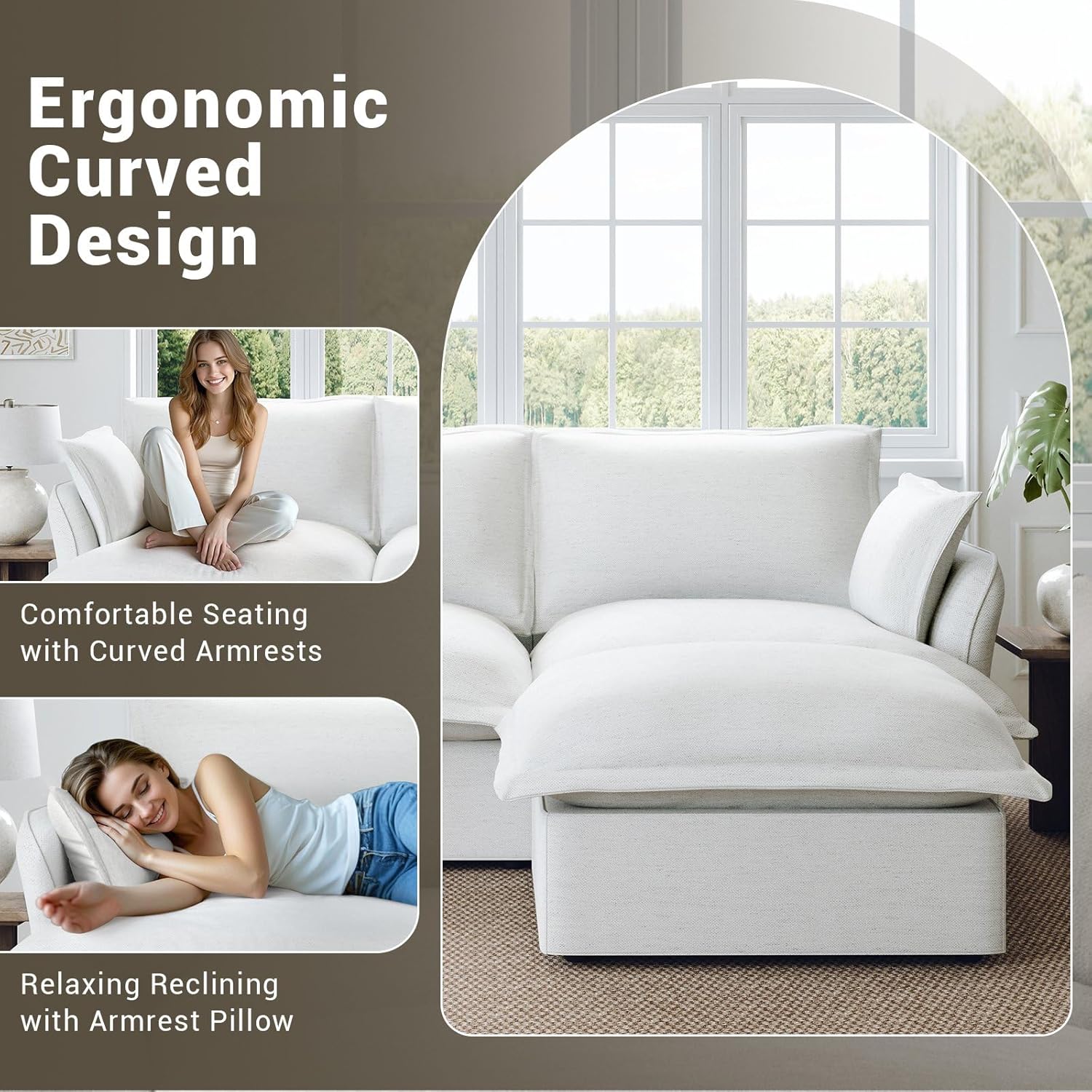 114” Cloud Sectional Couch, Comfy Down Filled Modular Sectional Sofa with Washable Cover, L Shaped 3 Seater Modular Couch with Ottoman, Sectional Couches for Living Room, Cream White