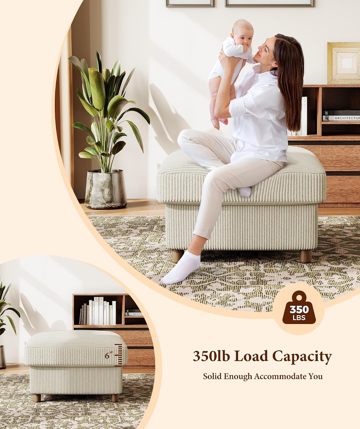 Kidirect Corduroy Ottoman with Storage, 25" Oversize Ottomans, Tool-Free Setup Storage Bench for Bedroom, Solid Wood Foot Rest, Comfy Foot Stool, Square Ottoman Coffee Table for Living Room, Beige