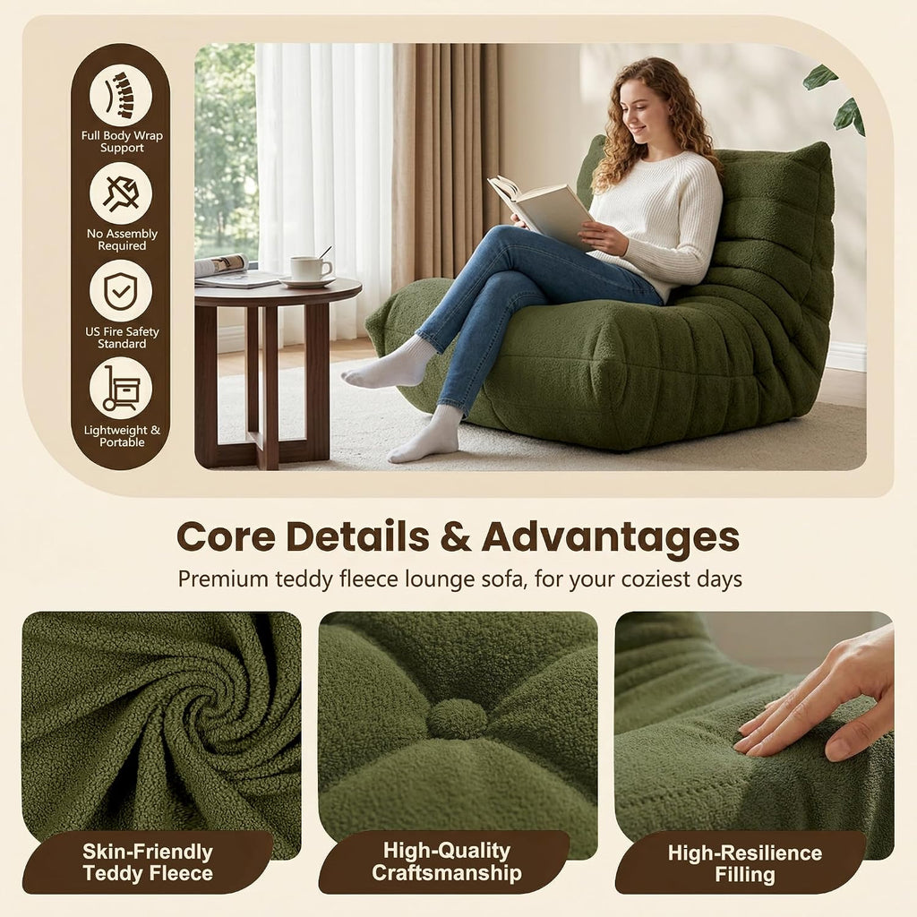 Gazecaia Comfy Bean Bag Chair for Adults Teens | Fireside Floor Lounge Chair, Soft Teddy High-Resilience Memory Foam Bean Bag Couch with Non-Slip Base, for Living Room Bedroom Apartment Office, Green