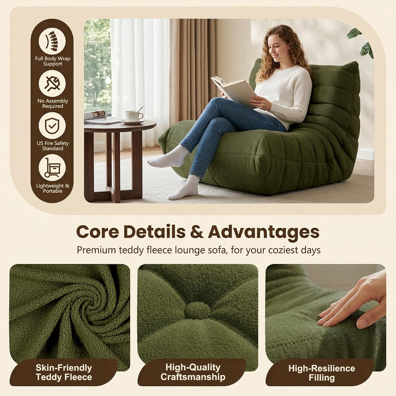 Gazecaia Comfy Bean Bag Chair for Adults Teens | Fireside Floor Lounge Chair, Soft Teddy High-Resilience Memory Foam Bean Bag Couch with Non-Slip Base, for Living Room Bedroom Apartment Office, Green