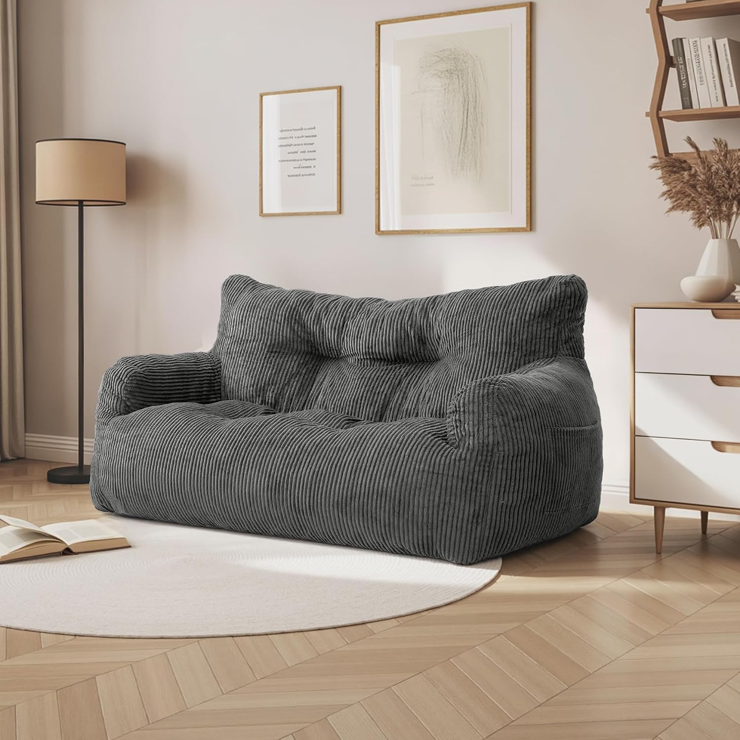 59" Bean Bag Chair,2 Seat Loveseat Sofa,Corduroy Lazy Sofa Bed for Adults,Fit Living Room, Bedroom,Outdoor Spaces,Ultra Soft Dutch Velvet,Fluffy Comfort Cover,Grey