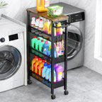Vivihomety Utility Slim Storage Cart with Wheels, 4 Tier Small Rolling Cart with Wood Top, Metal Kitchen Bathroom Laundry Room Organization Trolley with Handle for Narrow Space – Black