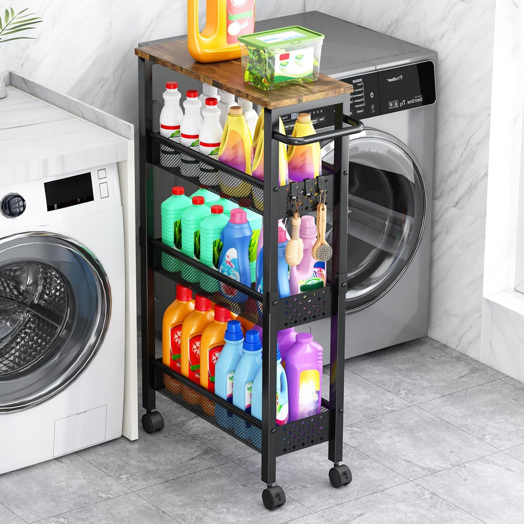 Vivihomety Utility Slim Storage Cart with Wheels, 4 Tier Small Rolling Cart with Wood Top, Metal Kitchen Bathroom Laundry Room Organization Trolley with Handle for Narrow Space – Black