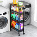 Vivihomety Utility Slim Storage Cart with Wheels, 4 Tier Small Rolling Cart with Wood Top, Metal Kitchen Bathroom Laundry Room Organization Trolley with Handle for Narrow Space – Black