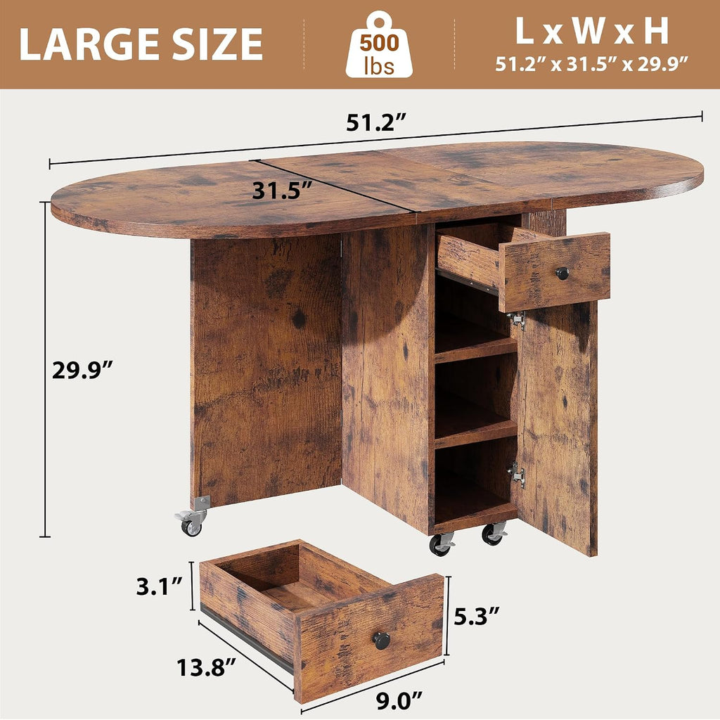 Jocoevol Round Folding Dining Table for 6, Space Saving Drop Leaf Kitchen Table with Storage Drawer, 6 Wheels Oval Gateleg Foldable Dining Table for Small Spaces (Vintage, 51" x 31.5" x 30")
