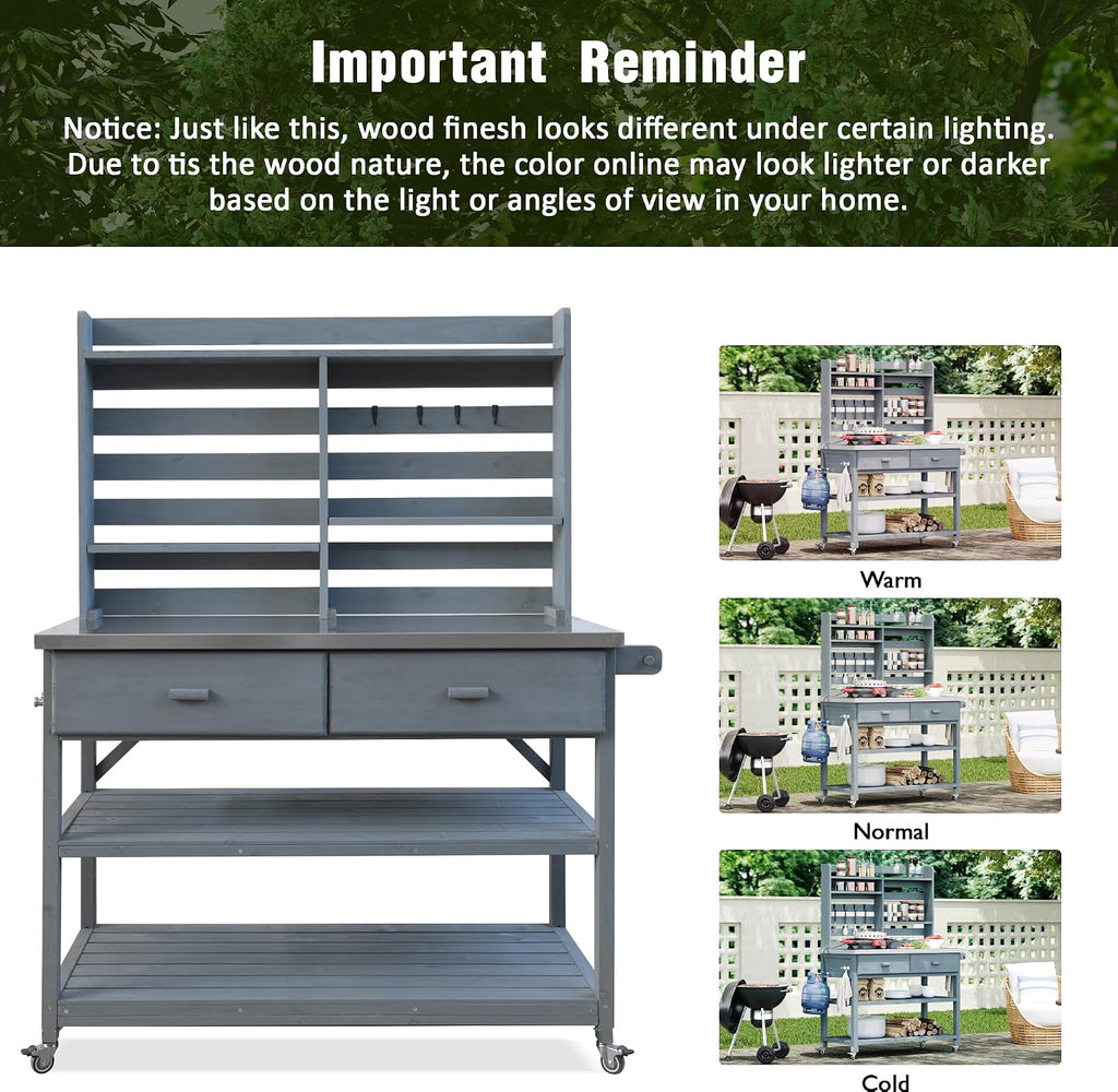 64.9" H Outdoor Potting Bench Table with Lockable Wheels, Solid Wood Outdoor Cabinet with Upper Hutch, Towel Rack,Outdoor Storage for Lawn Garden, Grey Blue