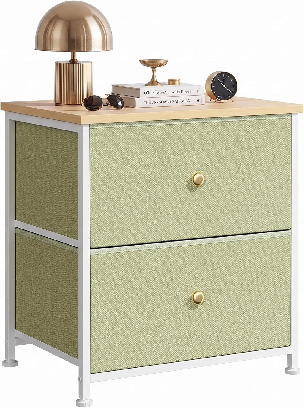 2 Drawer Fabric Nightstand, Bedside Table with Wooden Top, Light Green | Small Dresser for Bedroom with Wooden Top and Steel Frame Bedside Table Storage Organizer for Closets, Entryways and Dorms