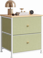 2 Drawer Fabric Nightstand, Bedside Table with Wooden Top, Light Green | Small Dresser for Bedroom with Wooden Top and Steel Frame Bedside Table Storage Organizer for Closets, Entryways and Dorms