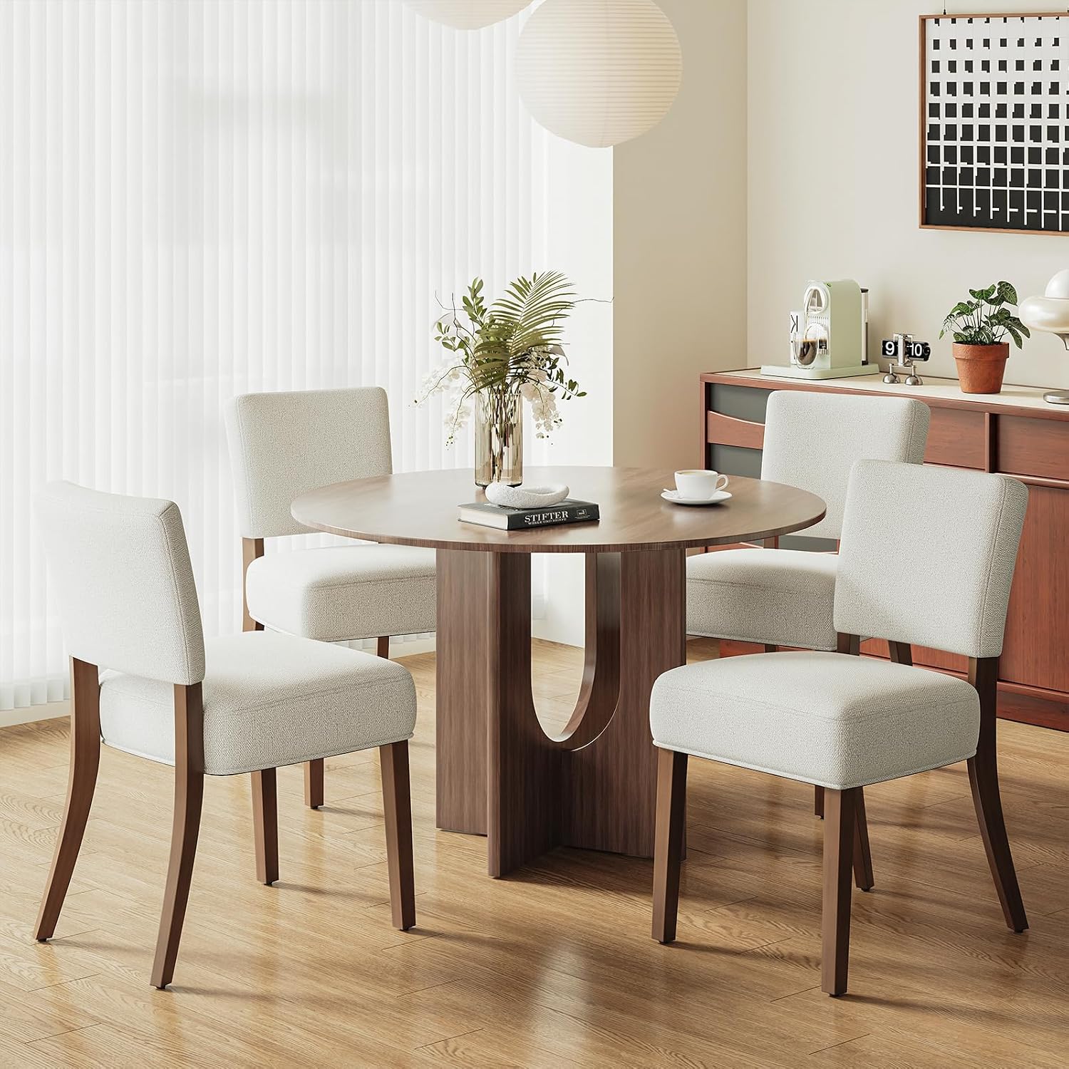 MALOL Upholstered Dining Chairs Set of 4, Fabric Kitchen Chairs with Padded Seat & Back, Solid Wood Legs, Modern Simple Dining Room Chairs for Kitchen, Dining Room, Living Room, Beige