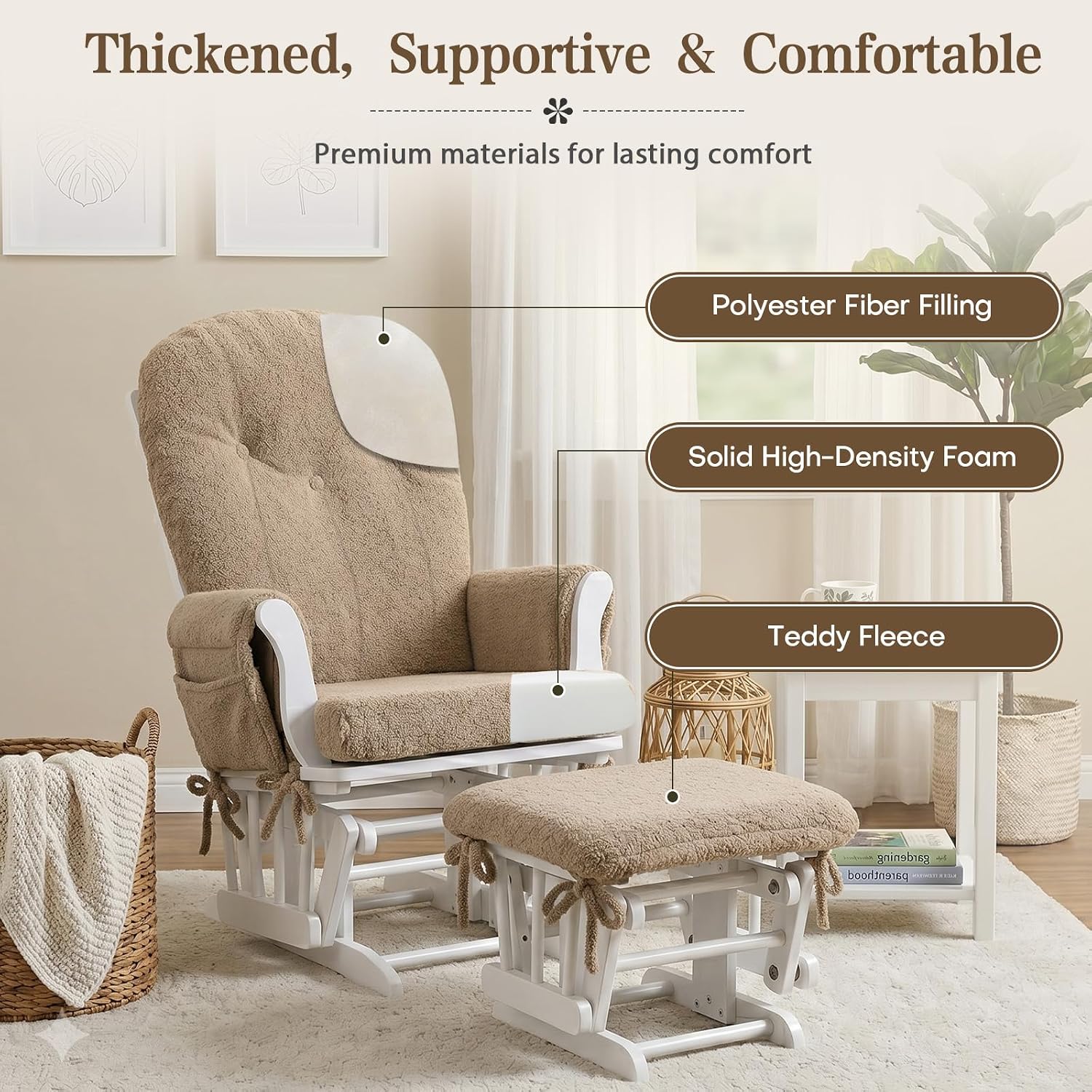 ANMINY 5pcs Glider Rocker Replacement Cushions Set with Ottoman Cover, 3.5Inch Thickened Fleece Glider Rocking Chair Cushions w/ 29.5Inch Tufted Backrest & Side Pockets for Indoor Nursery Light Coffee